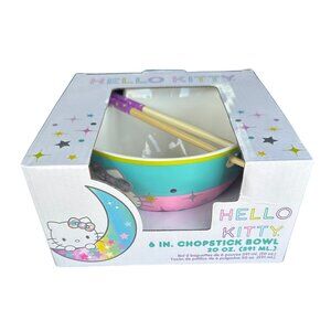 NEW Hello Kitty 6” 20 oz Ceramic Bowl with Chop Sticks - Rainbow Moon